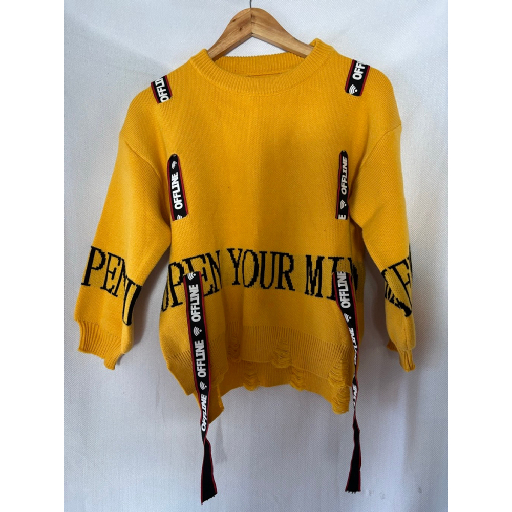 Women's Unbranded Yellow Black 'Open Your Mind' Distressed Crew Neck Sweater